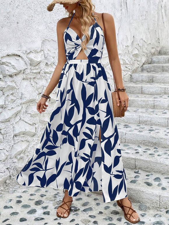Vacation Dress Minimalist Leaf Pattern Twisted Cut Out Slit Halter Maxi Dress - Bleu XXL | US 12