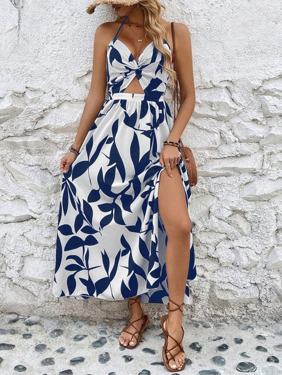 Vacation Dress Minimalist Leaf Pattern Twisted Cut Out Slit Halter Maxi Dress - Bleu XXL | US 12