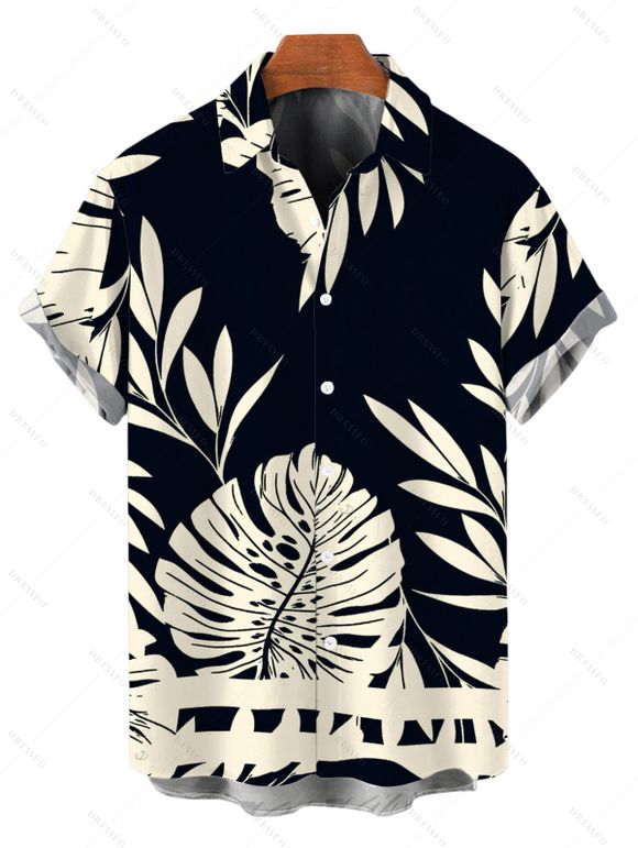 Men's Vacation Shirt Tropical Leaf Silhouette Print Button Up Shirt - Noir 5XL