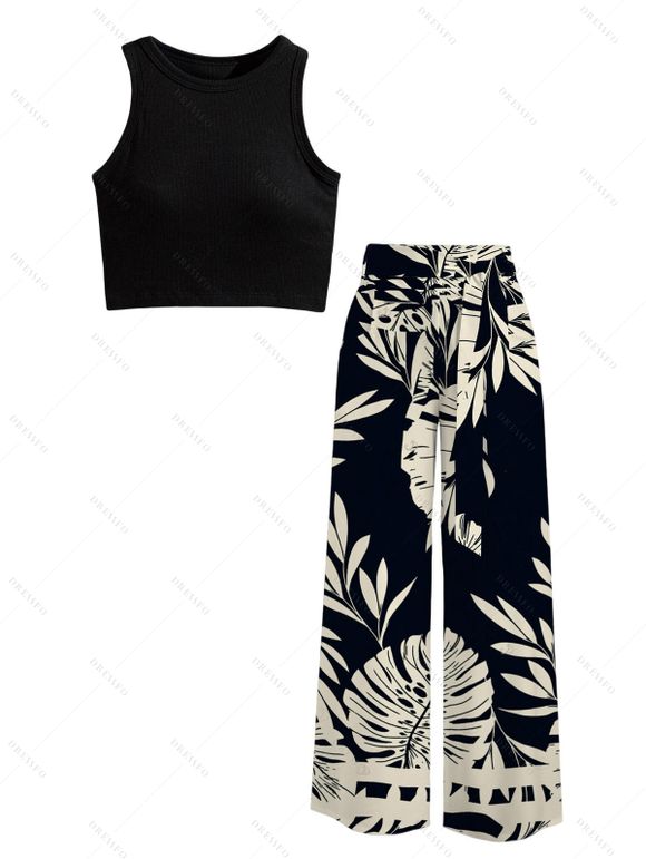 Vacation Outfit Textured Cropped Tank Top and Leaf Silhouette Print Belt Wide Leg Pants Set - Noir S | US 4