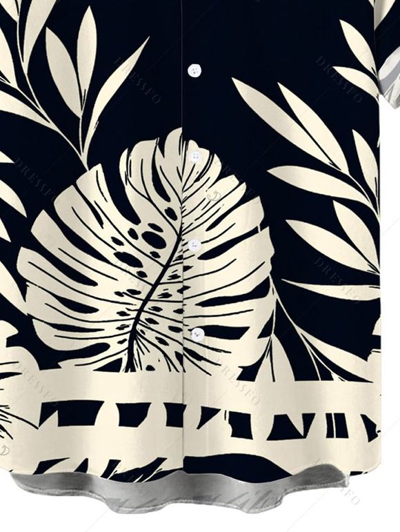 Men's Vacation Shirt Tropical Leaf Silhouette Print Button Up Shirt - Noir 5XL
