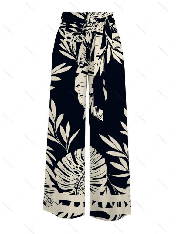 Vacation Outfit Textured Cropped Tank Top and Leaf Silhouette Print Belt Wide Leg Pants Set - Noir S | US 4