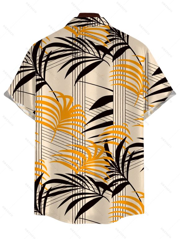 Men's Vacation Shirt Striped Bicolor Leaf Print Button Up Shirt - FLAXSEED YELLOW 5XL