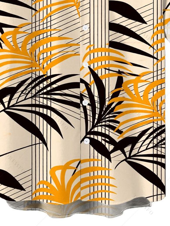 Men's Vacation Shirt Striped Bicolor Leaf Print Button Up Shirt - FLAXSEED YELLOW 5XL