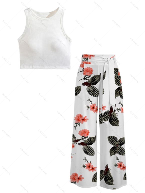 Casual Outfit Textured Padded Cropped Tank Top and Coral Floral Leaf Print Belt Wide Leg Pants Set - Vert Armée S | US 4