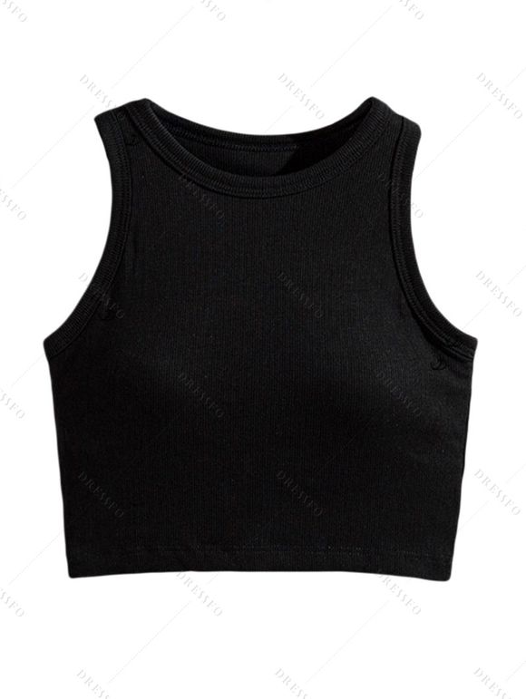 Textured Solid Color Tank Top Padded Sleeveless Cropped Top - Noir XL | US 12