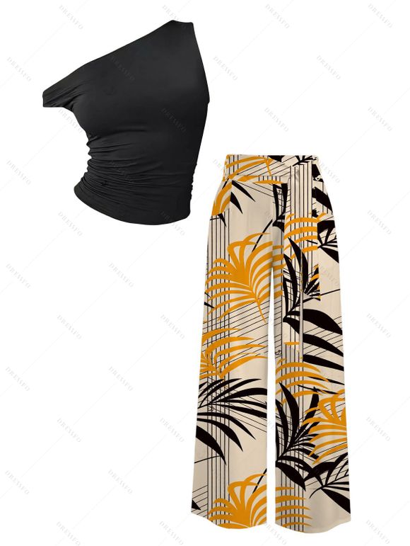 Vacation Outfit Skew Neck Ruched Tank Top and Striped Leaf Print Belt Wide Leg Pants Set - FLAXSEED YELLOW S | US 4