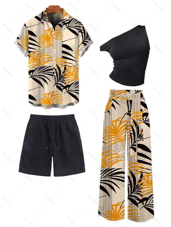 Vacation Couple Outfit Skew Neck Tank Top Striped Leaf Print Belt Pants and Shirt Shorts Set - FLAXSEED YELLOW S | US 4