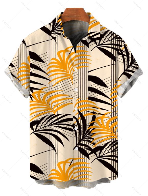 Vacation Couple Outfit Skew Neck Tank Top Striped Leaf Print Belt Pants and Shirt Shorts Set - FLAXSEED YELLOW S | US 4