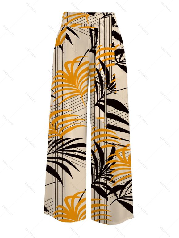Vacation Couple Outfit Skew Neck Tank Top Striped Leaf Print Belt Pants and Shirt Shorts Set - FLAXSEED YELLOW S | US 4