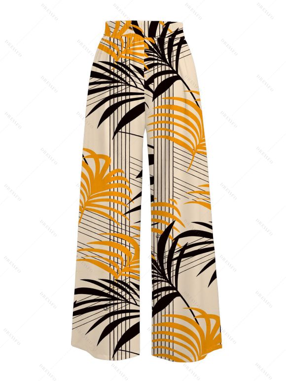 Vacation Couple Outfit Skew Neck Tank Top Striped Leaf Print Belt Pants and Shirt Shorts Set - FLAXSEED YELLOW S | US 4