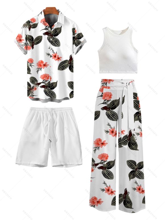 Vacation Couple Outfit Solid Color Tank Top Floral Leaf Print Belt Pants and Shirt Shorts Set - Vert Armée S | US 4