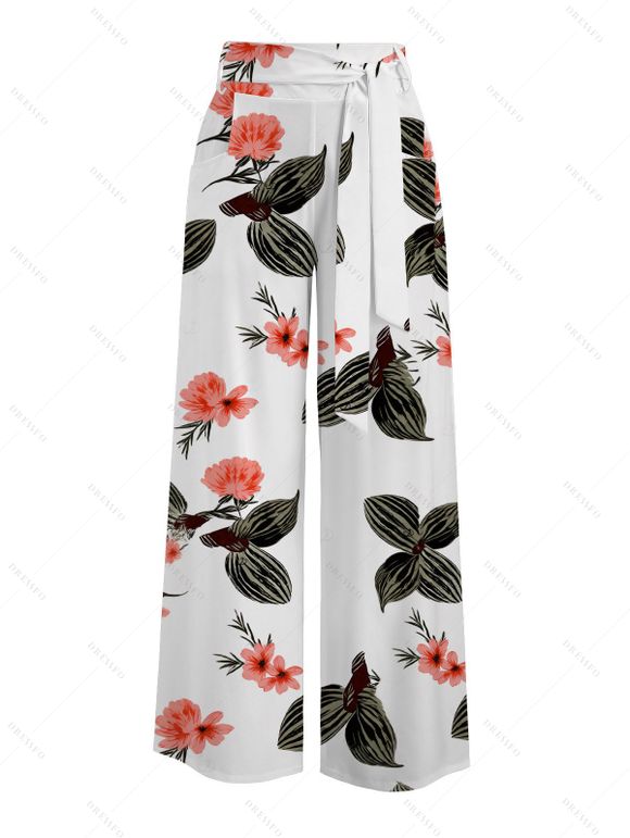 Vacation Couple Outfit Solid Color Tank Top Floral Leaf Print Belt Pants and Shirt Shorts Set - Vert Armée S | US 4