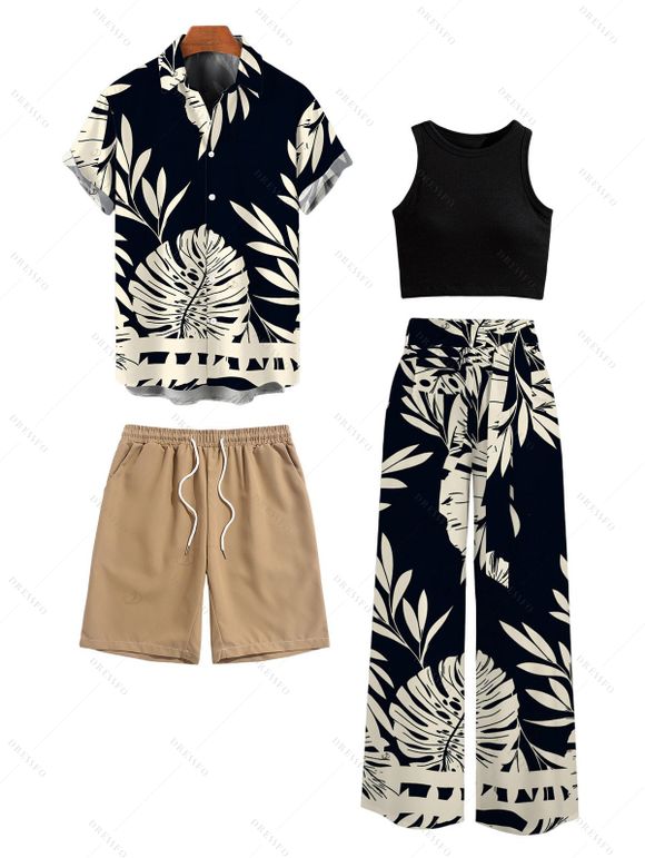 Vacation Couple Outfit Textured Cropped Top Leaf Silhouette Print Belt Pants and Shirt Shorts Set - Noir S | US 4