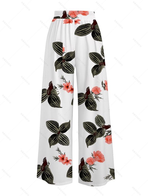 Vacation Wide Leg Pants Coral Floral Striped Leaf Print Belt Pants - Vert Armée XXXXXL | US 20