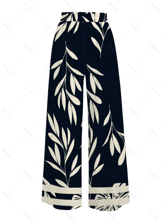 Vacation Wide Leg Pants Tropical Leaf Silhouette Print Belt Pants - Noir XXXXXL | US 20