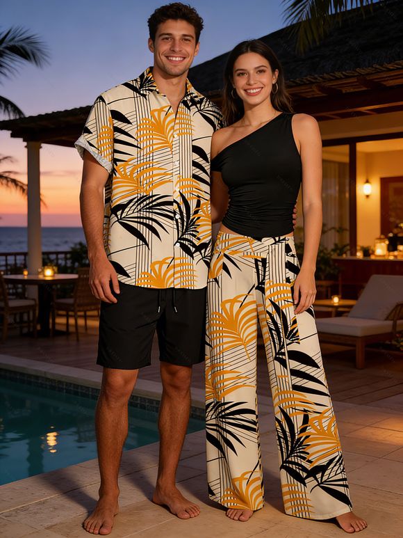 Vacation Couple Outfit Skew Neck Tank Top Striped Leaf Print Belt Pants and Shirt Shorts Set - FLAXSEED YELLOW S | US 4