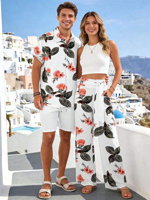 Vacation Couple Outfit Solid Color Tank Top Floral Leaf Print Belt Pants and Shirt Shorts Set - Vert Armée S | US 4