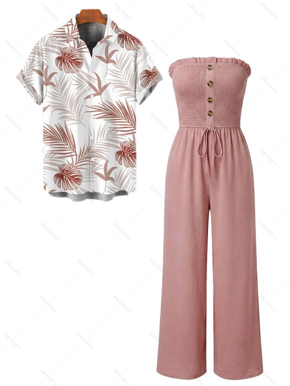 Casual Couple Outfit Solid Color Ruffle Off the Shoulder Wide Leg Jumpsuit and Leaf Print Shirt Set - Rose S | US 4