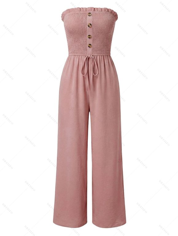 Casual Couple Outfit Solid Color Ruffle Off the Shoulder Wide Leg Jumpsuit and Leaf Print Shirt Set - Rose S | US 4