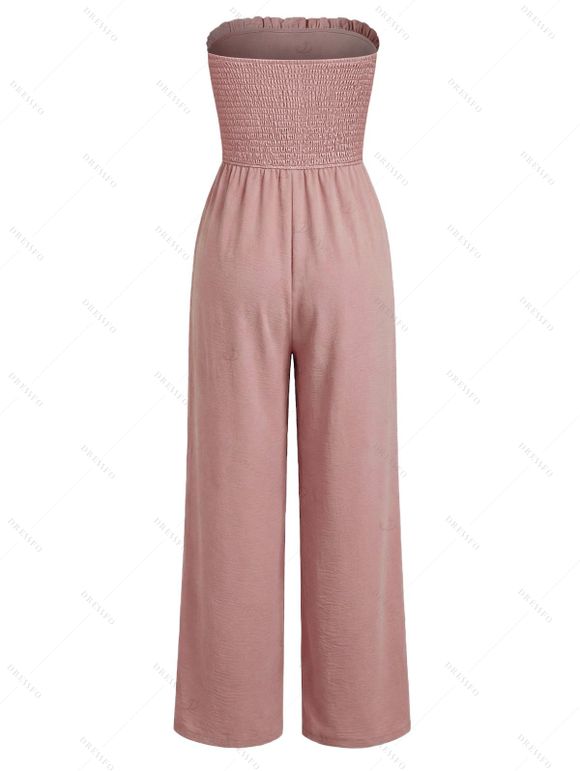 Casual Couple Outfit Solid Color Ruffle Off the Shoulder Wide Leg Jumpsuit and Leaf Print Shirt Set - Rose S | US 4