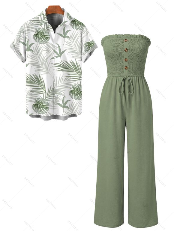 Casual Couple Outfit Solid Color Ruffle Off the Shoulder Wide Leg Jumpsuit and Leaf Print Shirt Set - Vert clair S | US 4