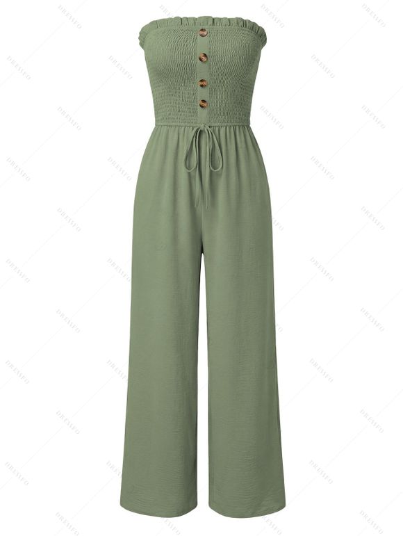 Casual Couple Outfit Solid Color Ruffle Off the Shoulder Wide Leg Jumpsuit and Leaf Print Shirt Set - Vert clair S | US 4
