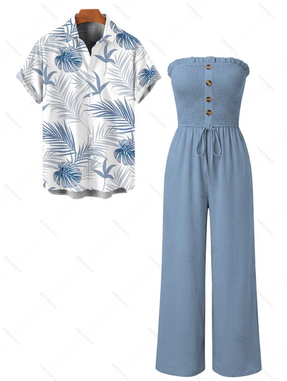 Casual Couple Outfit Solid Color Ruffle Off the Shoulder Wide Leg Jumpsuit and Leaf Print Shirt Set - Bleu gris S | US 4