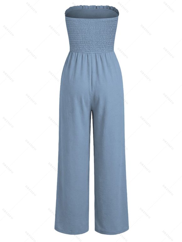 Casual Couple Outfit Solid Color Ruffle Off the Shoulder Wide Leg Jumpsuit and Leaf Print Shirt Set - Bleu gris S | US 4