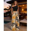 Vacation Outfit Skew Neck Ruched Tank Top and Striped Leaf Print Belt Wide Leg Pants Set - FLAXSEED YELLOW S | US 4