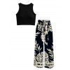 Vacation Outfit Textured Cropped Tank Top and Leaf Silhouette Print Belt Wide Leg Pants Set - Noir S | US 4