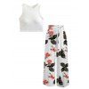 Casual Outfit Textured Padded Cropped Tank Top and Coral Floral Leaf Print Belt Wide Leg Pants Set - Vert Armée S | US 4