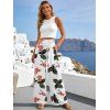 Casual Outfit Textured Padded Cropped Tank Top and Coral Floral Leaf Print Belt Wide Leg Pants Set - Vert Armée S | US 4