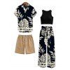 Vacation Couple Outfit Textured Cropped Top Leaf Silhouette Print Belt Pants and Shirt Shorts Set - Noir S | US 4