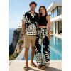 Vacation Couple Outfit Textured Cropped Top Leaf Silhouette Print Belt Pants and Shirt Shorts Set - Noir S | US 4