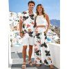 Vacation Couple Outfit Solid Color Tank Top Floral Leaf Print Belt Pants and Shirt Shorts Set - Vert Armée S | US 4