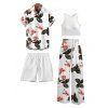 Vacation Couple Outfit Solid Color Tank Top Floral Leaf Print Belt Pants and Shirt Shorts Set - Vert Armée S | US 4