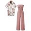 Casual Couple Outfit Solid Color Ruffle Off the Shoulder Wide Leg Jumpsuit and Leaf Print Shirt Set - Rose S | US 4