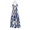 Vacation Couple Outfit Minimalist Leaf Pattern Twisted Cut Out Slit Halter Dress and Shirt Set - Bleu S | US 4