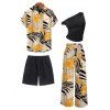 Vacation Couple Outfit Skew Neck Tank Top Striped Leaf Print Belt Pants and Shirt Shorts Set - FLAXSEED YELLOW S | US 4
