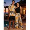 Vacation Couple Outfit Skew Neck Tank Top Striped Leaf Print Belt Pants and Shirt Shorts Set - FLAXSEED YELLOW S | US 4