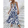 Vacation Dress Minimalist Leaf Pattern Twisted Cut Out Slit Halter Maxi Dress - Bleu XXL | US 12