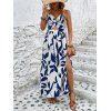 Vacation Dress Minimalist Leaf Pattern Twisted Cut Out Slit Halter Maxi Dress - Bleu XXL | US 12