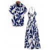 Vacation Couple Outfit Minimalist Leaf Pattern Twisted Cut Out Slit Halter Dress and Shirt Set - Bleu S | US 4