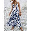 Vacation Couple Outfit Minimalist Leaf Pattern Twisted Cut Out Slit Halter Dress and Shirt Set - Bleu S | US 4