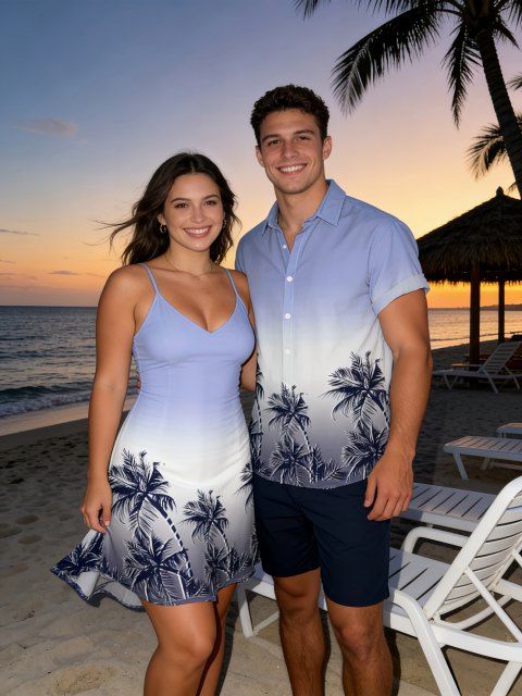 Vacation Couple Outfit Ombre Coconut Tree Pattern Spaghetti Strap V Neck A Line Mini Tank Dress and Button Up Shirt Beach Matching Outfit