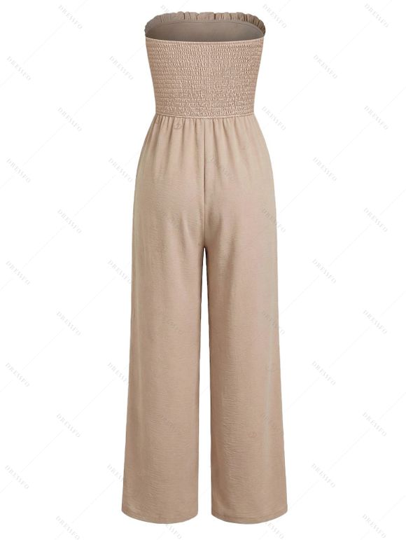 Solid Color Jumpsuit Ruffle Off the Shoulder Tied Mock Button Wide Leg Jumpsuit - café lumière XXL | US 14