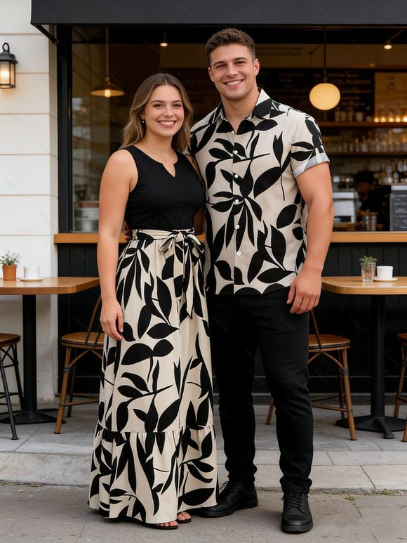 Vacation Couple Outfit Colorblock Minimalist Leaf Print V Notched Belt Dress and Shirt Set - Noir S | US 4