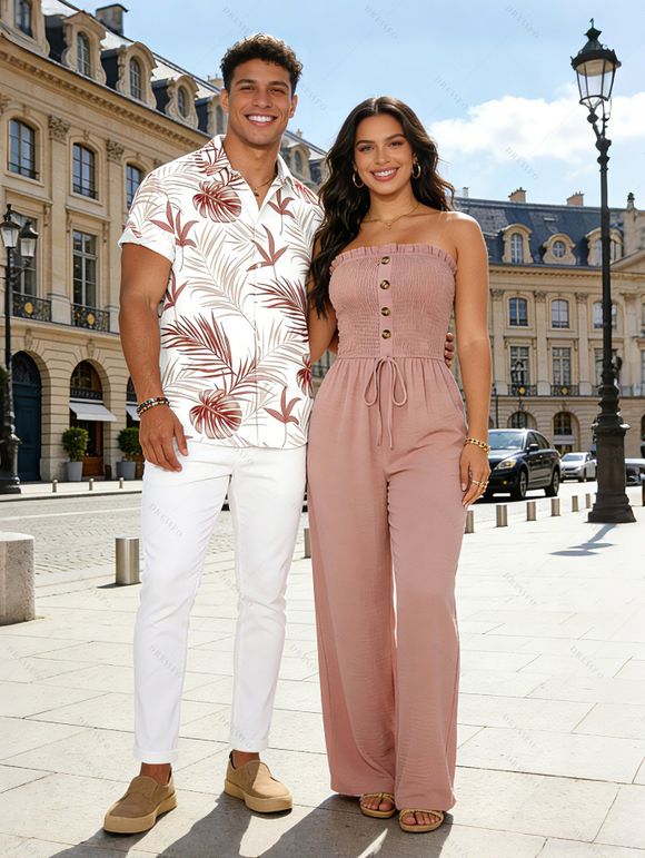 Casual Couple Outfit Solid Color Ruffle Off the Shoulder Wide Leg Jumpsuit and Leaf Print Shirt Set - Rose S | US 4