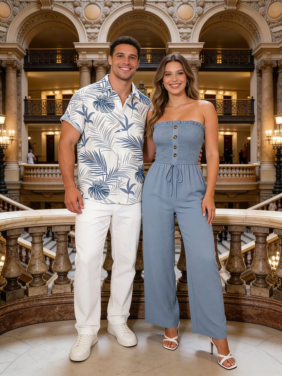 Casual Couple Outfit Solid Color Ruffle Off the Shoulder Wide Leg Jumpsuit and Leaf Print Shirt Set - Bleu gris S | US 4